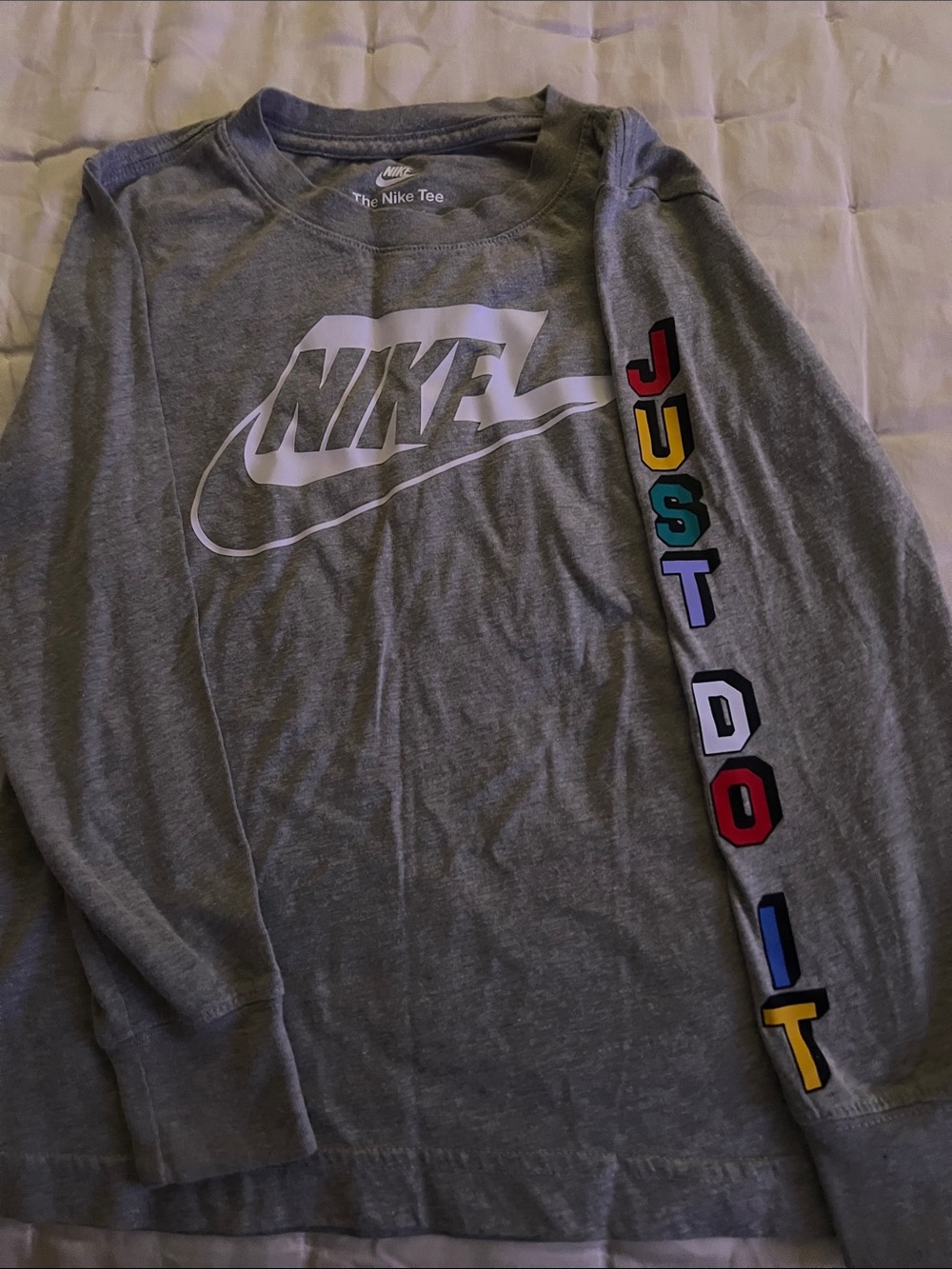 Nike Gray Long Sleeve Tee with Multicolor 'JUST DO IT' Sleeve